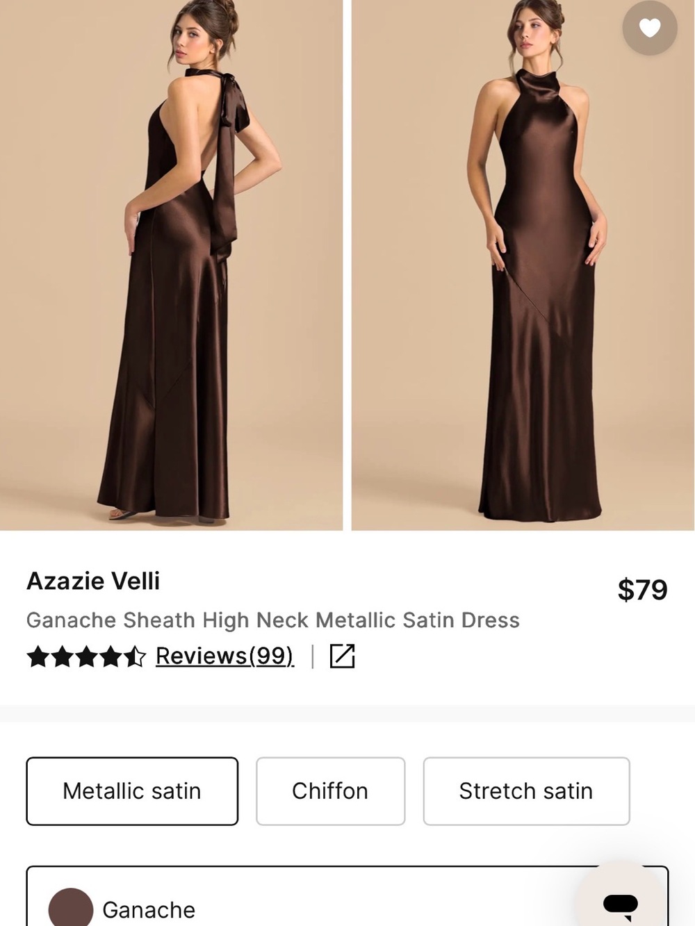 Azazie Metallic Satin Backless High-Neck Gown in Ganache Brown, size 0